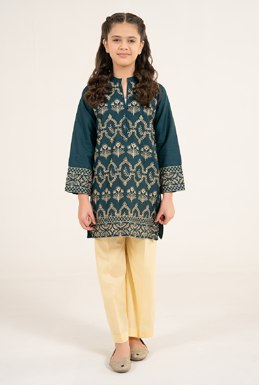 Bottle Green Front All Over Embroidrey Kurta With Lemon Trouser