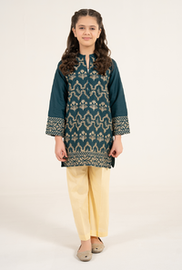 Bottle Green Front All Over Embroidrey Kurta With Lemon Trouser