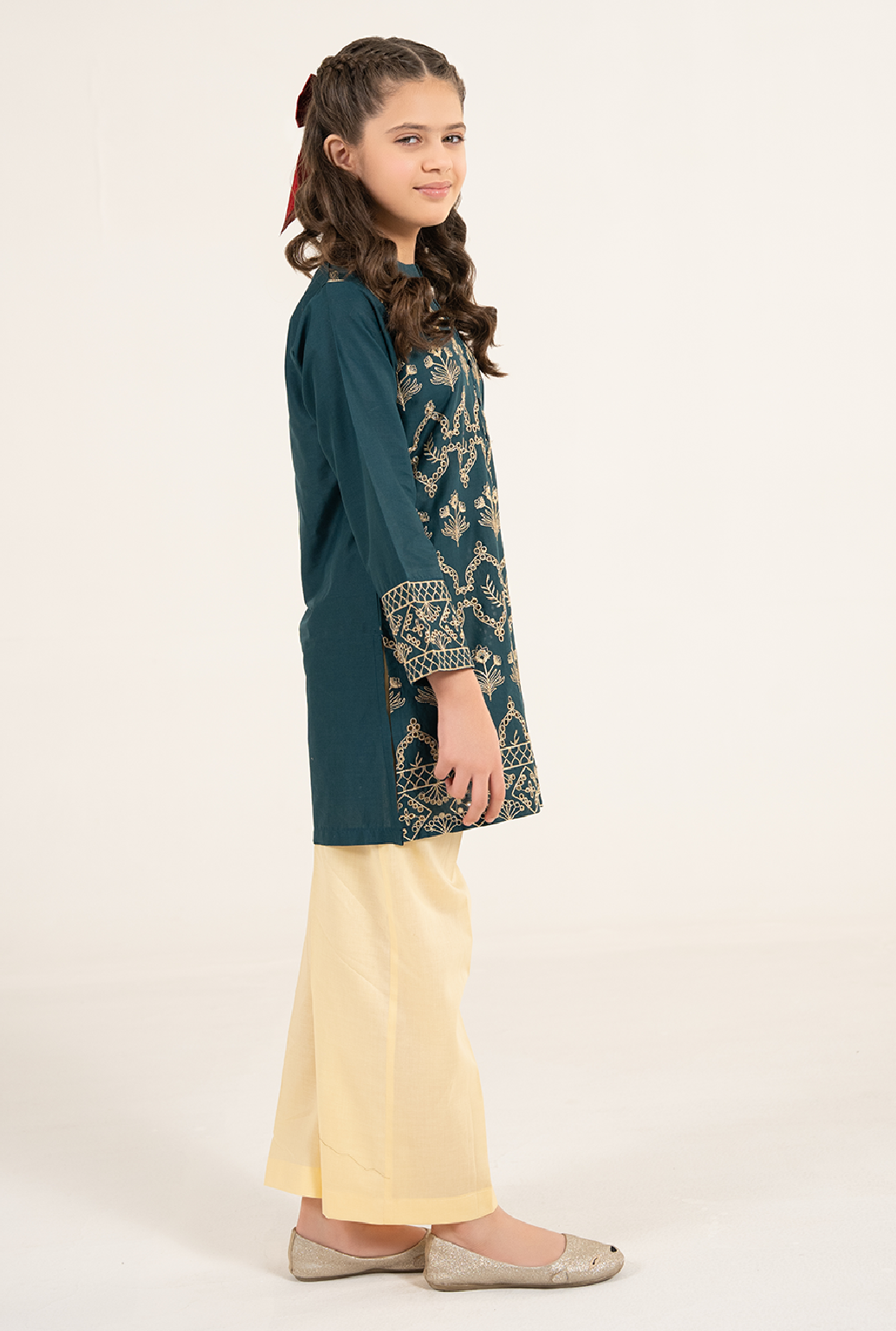 Bottle Green Front All Over Embroidrey Kurta With Lemon Trouser