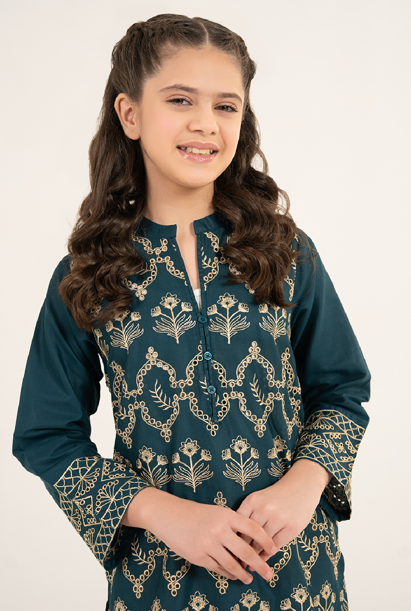 Bottle Green Front All Over Embroidrey Kurta With Lemon Trouser