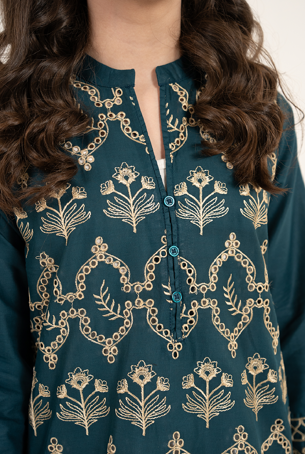 Bottle Green Front All Over Embroidrey Kurta With Lemon Trouser