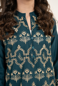 Bottle Green Front All Over Embroidrey Kurta With Lemon Trouser