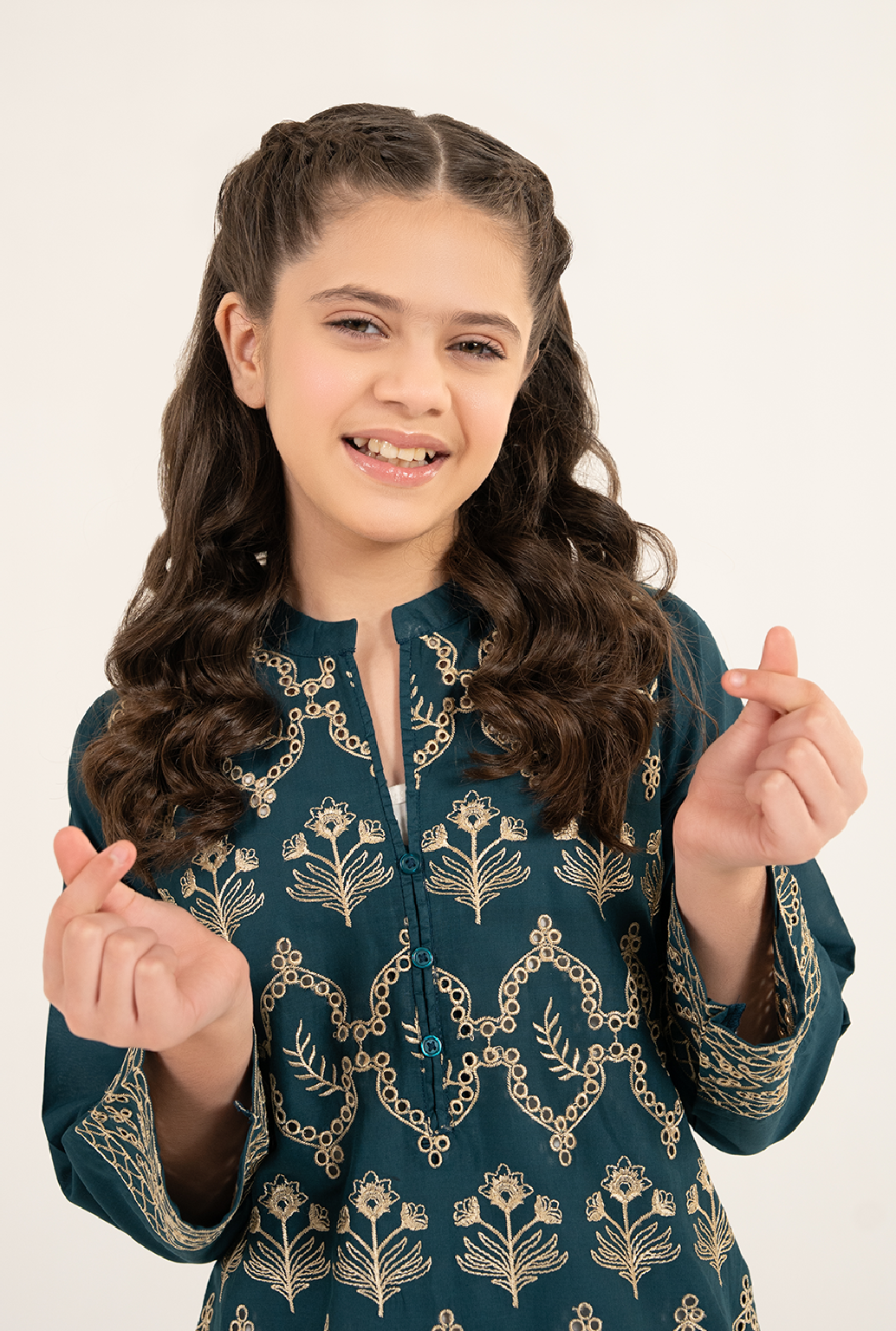 Bottle Green Front All Over Embroidrey Kurta With Lemon Trouser