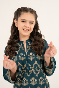 Bottle Green Front All Over Embroidrey Kurta With Lemon Trouser