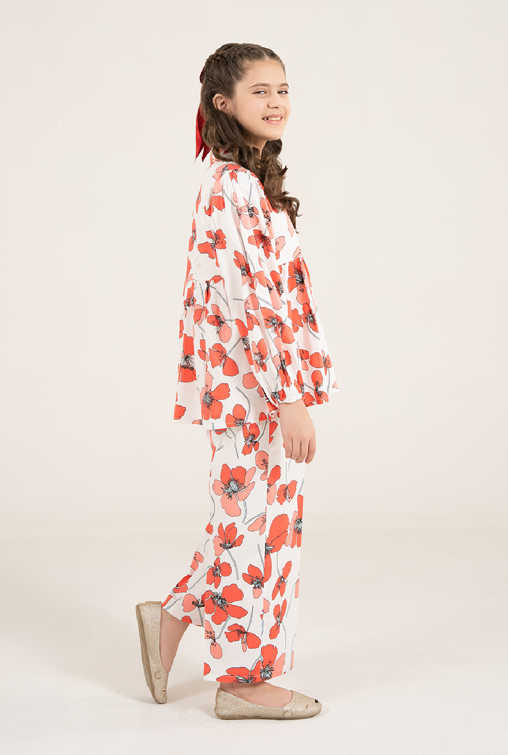 Stylish Floral Hot Peach And White Co-Ord Set Designed