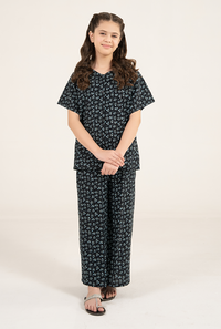 Black And Teal Green Floral Bubble Cotton Print