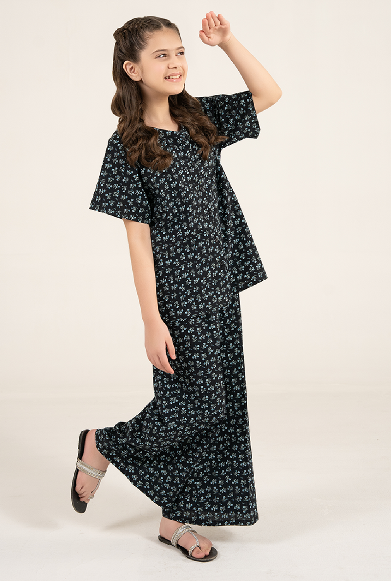 Black And Teal Green Floral Bubble Cotton Print