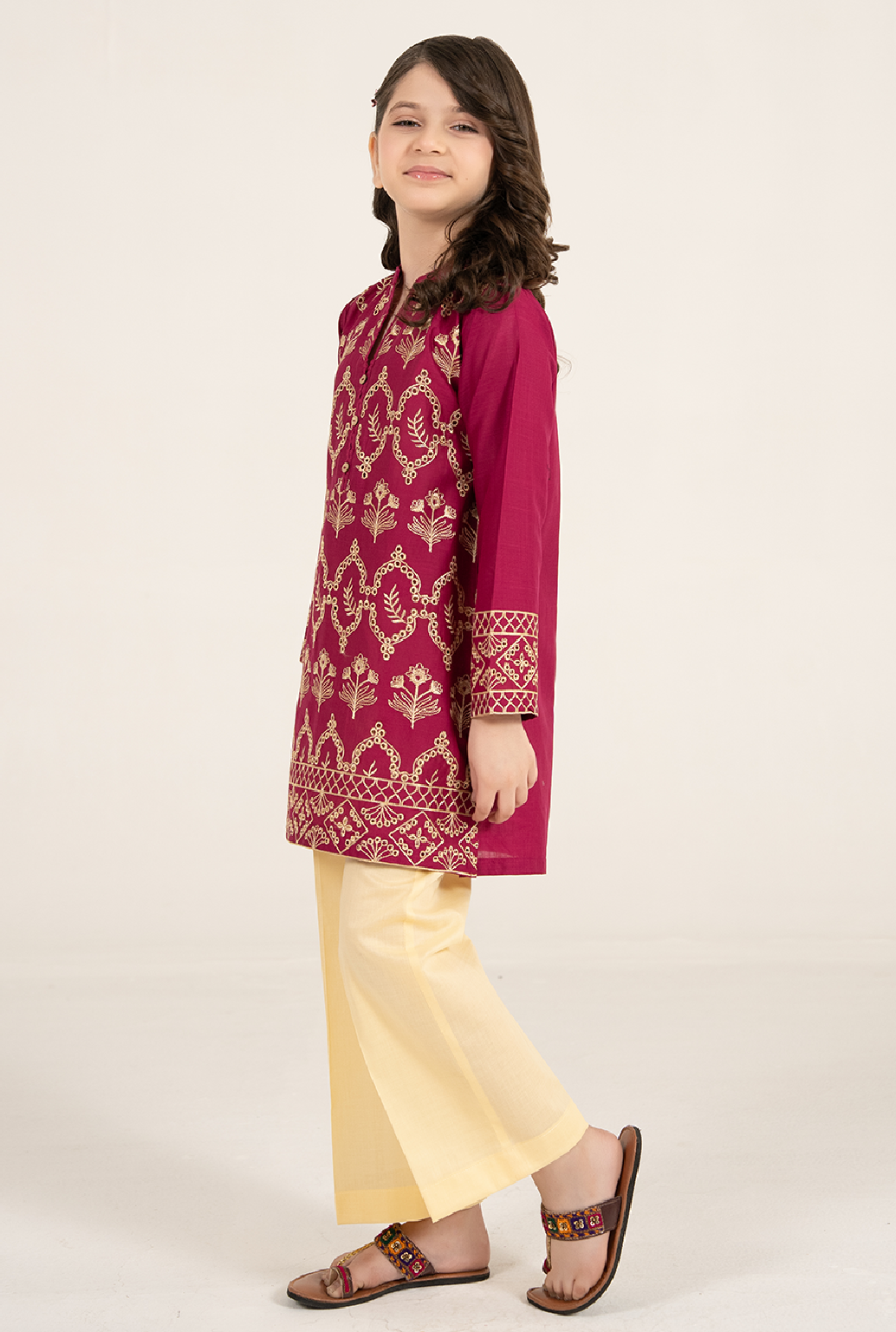 Magenta Colour All Over Front Embroidrey With Lemon Trouser