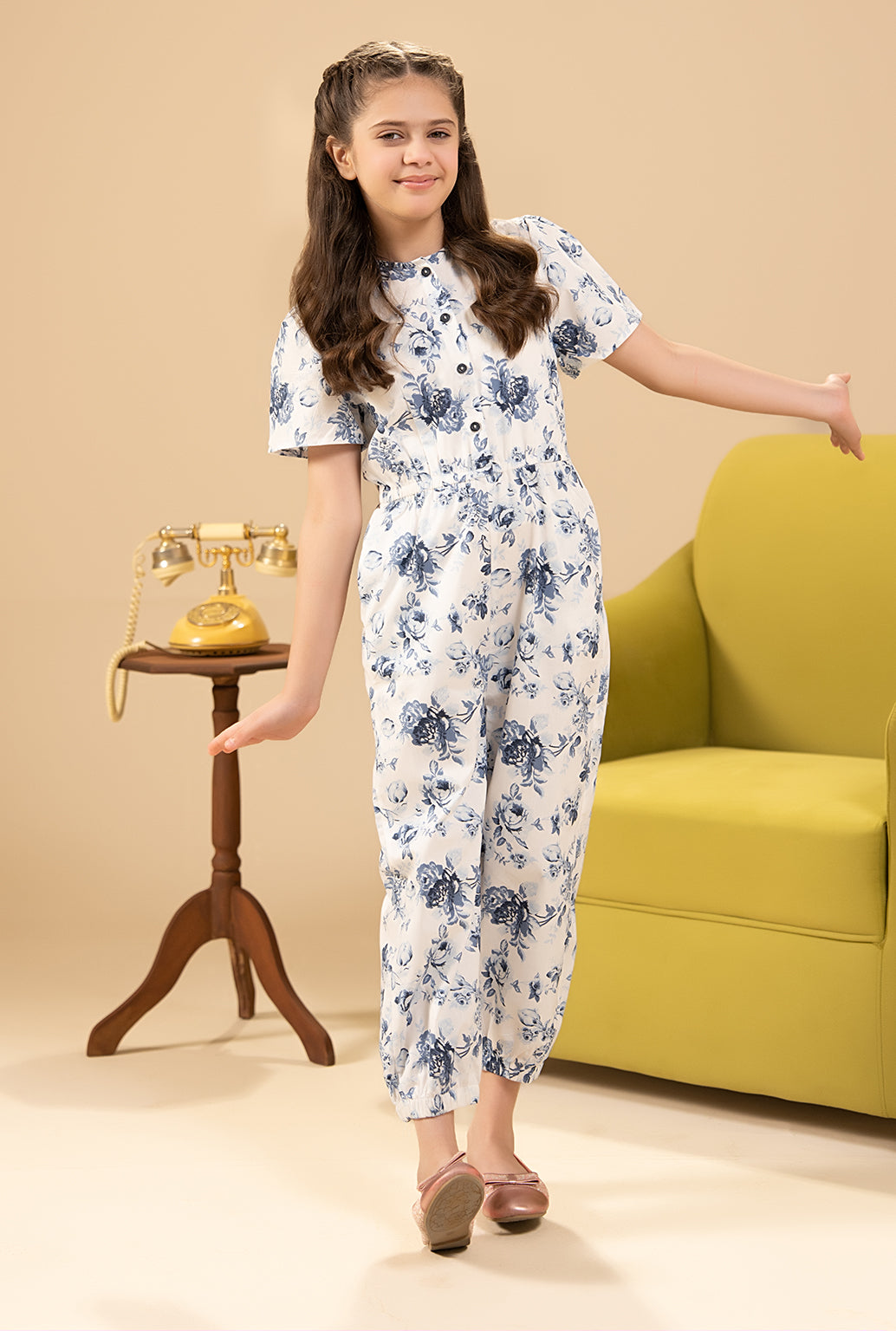 Elegant Blue Floral Print On A White Base Jumpsuit
