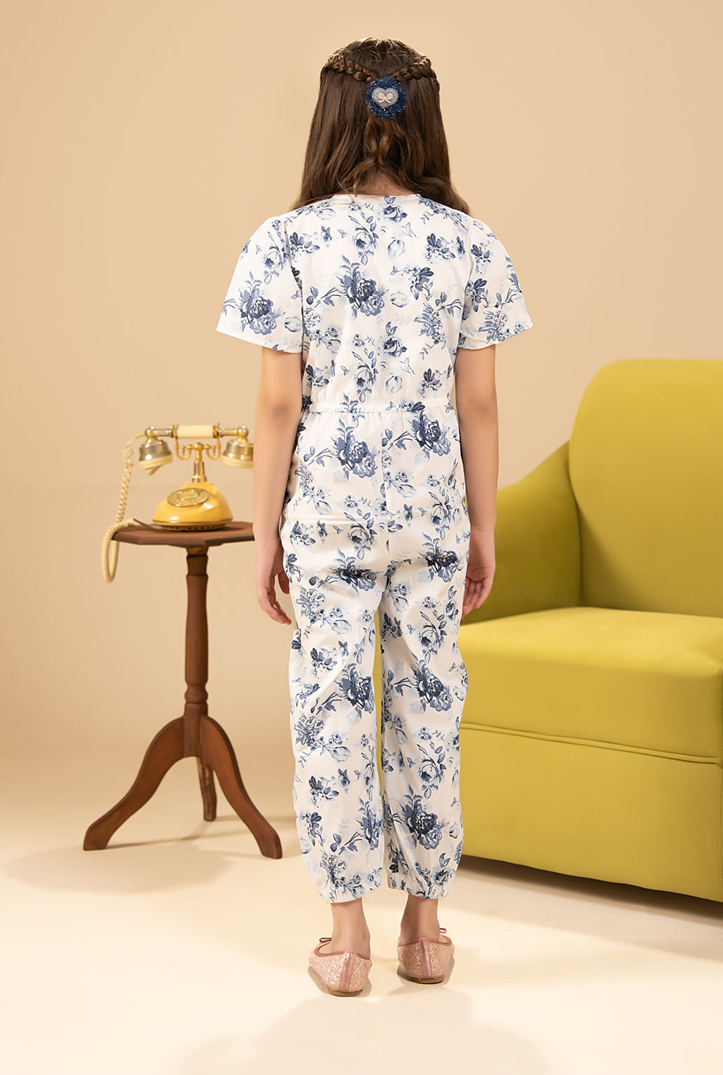 Elegant Blue Floral Print On A White Base Jumpsuit