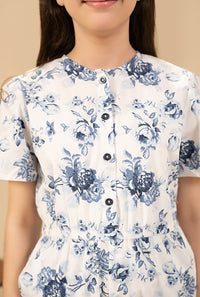 Elegant Blue Floral Print On A White Base Jumpsuit