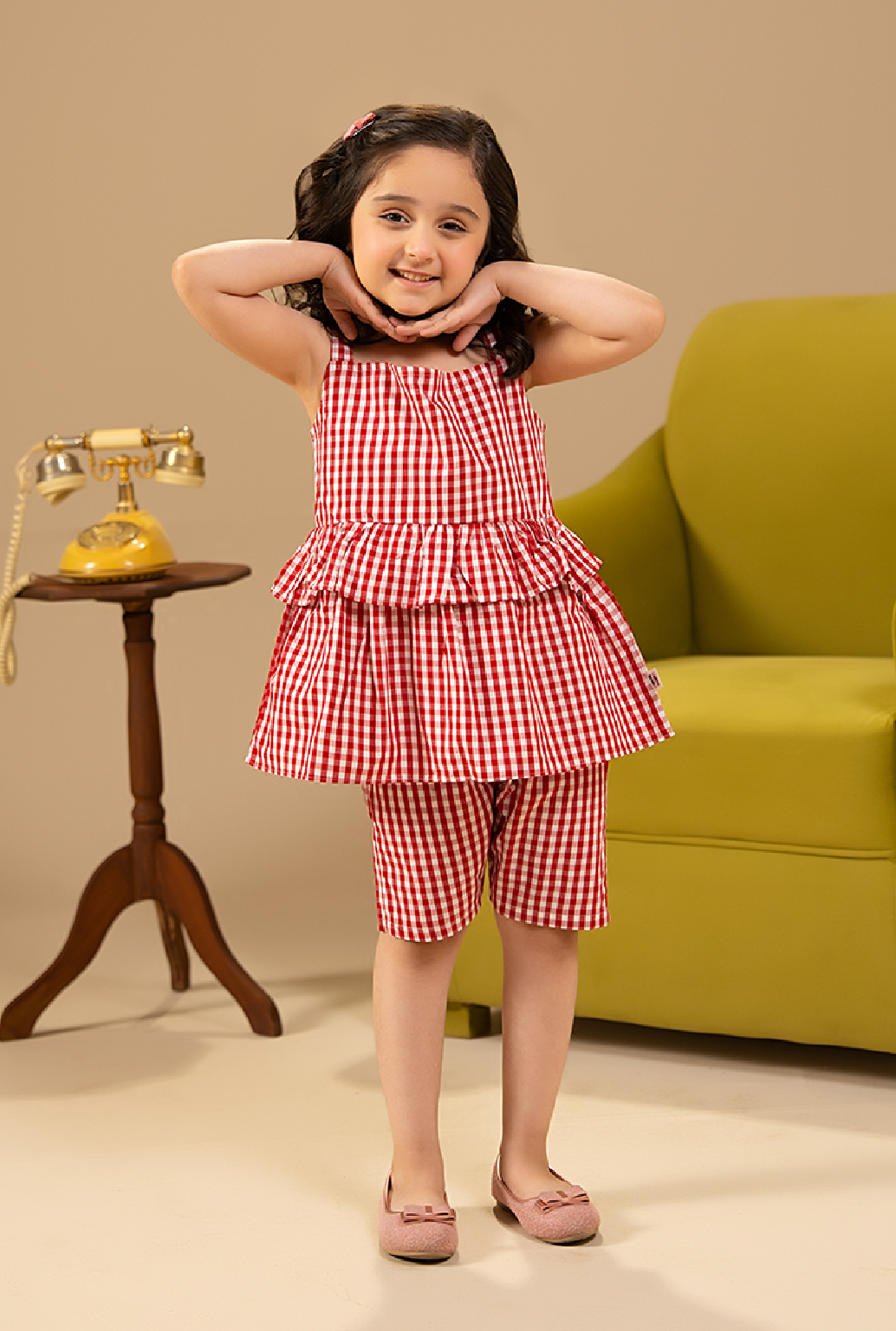 Red & White Check Sleeveless Peplum Top Paired