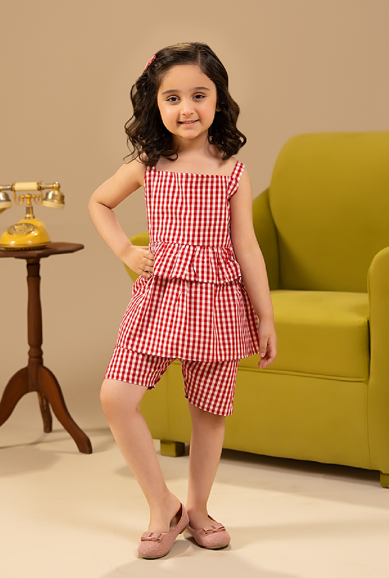 Red & White Check Sleeveless Peplum Top Paired