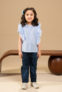 Stylish Blue And White Check Cute Ruffle Detailing