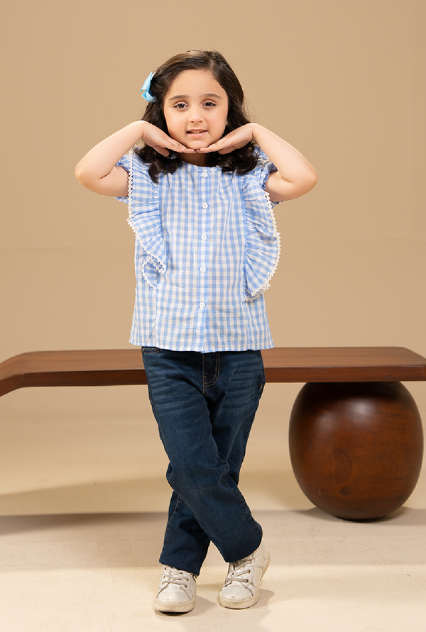 Stylish Blue And White Check Cute Ruffle Detailing