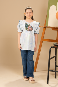 Elegant Floral Print And Embroidery Work On Front Ruffled Sleeves