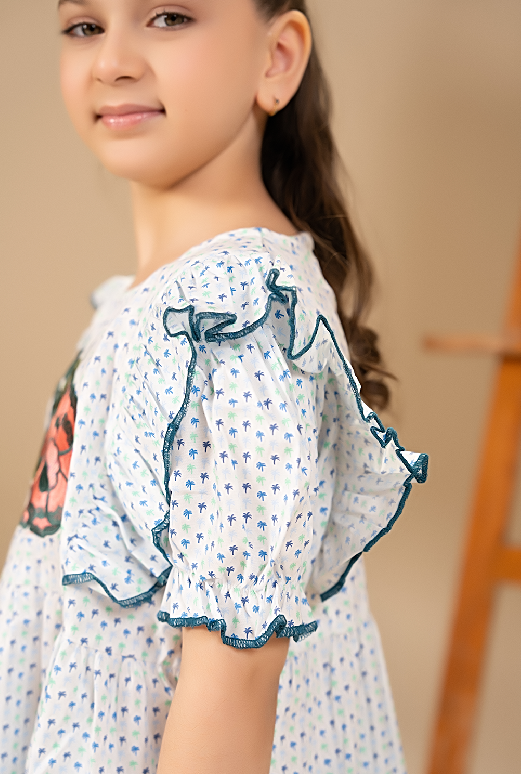 Elegant Floral Print And Embroidery Work On Front Ruffled Sleeves