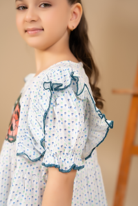 Elegant Floral Print And Embroidery Work On Front Ruffled Sleeves