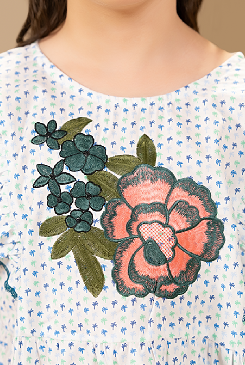 Elegant Floral Print And Embroidery Work On Front Ruffled Sleeves