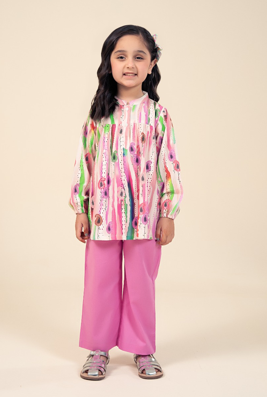 Light And Dark Mix Pink Embroidery Top With Trouser