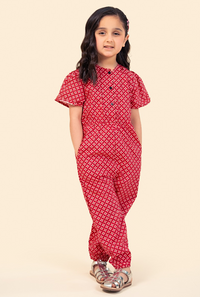 Trendy Carrot Red Printed One-Piece Jumpsuit for Girls