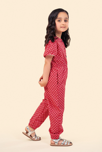 Trendy Carrot Red Printed One-Piece Jumpsuit for Girls