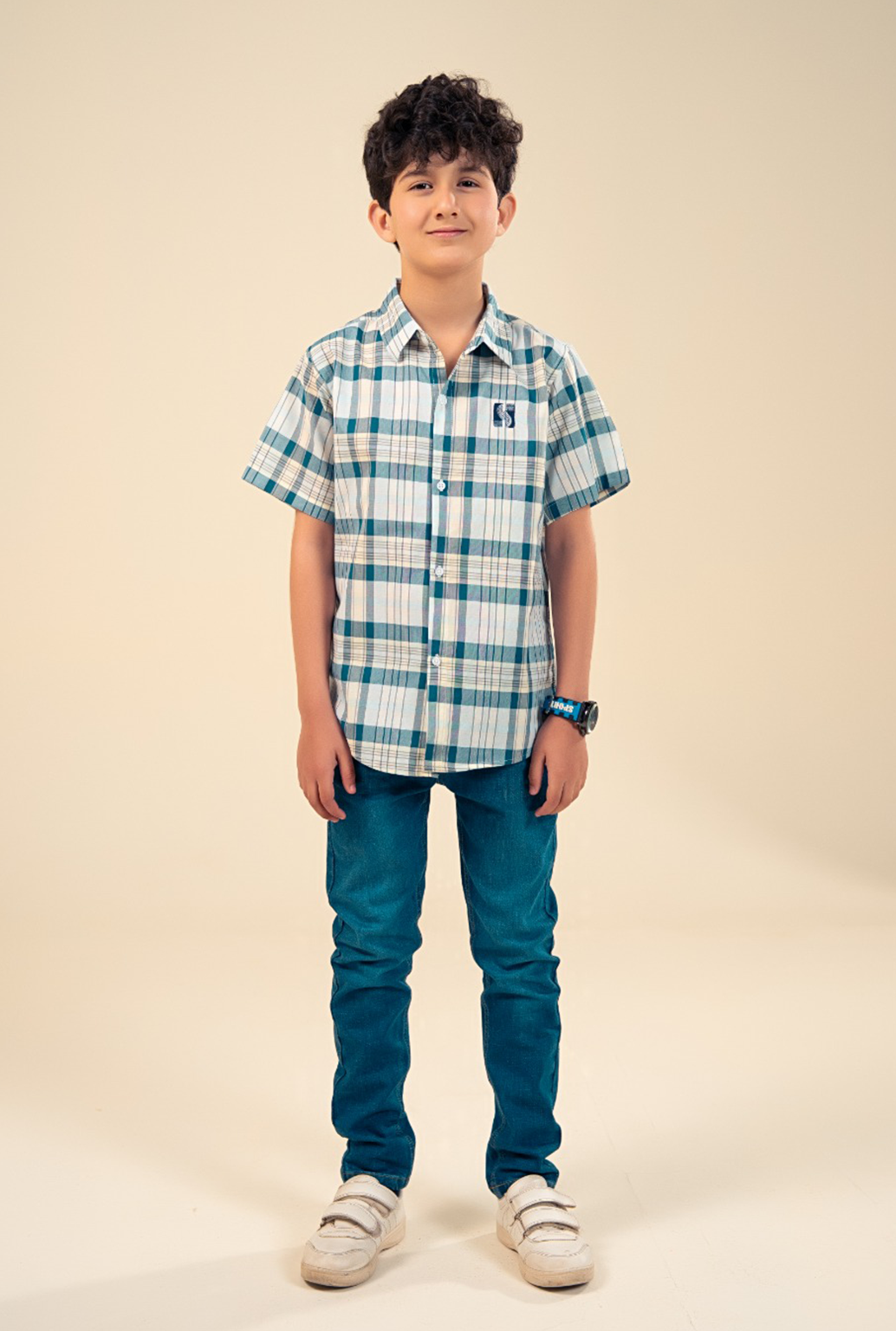 Medium Blue And Skin Check Boys Shirt