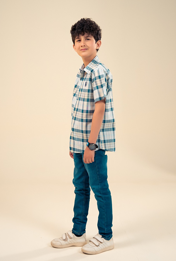 Medium Blue And Skin Check Boys Shirt