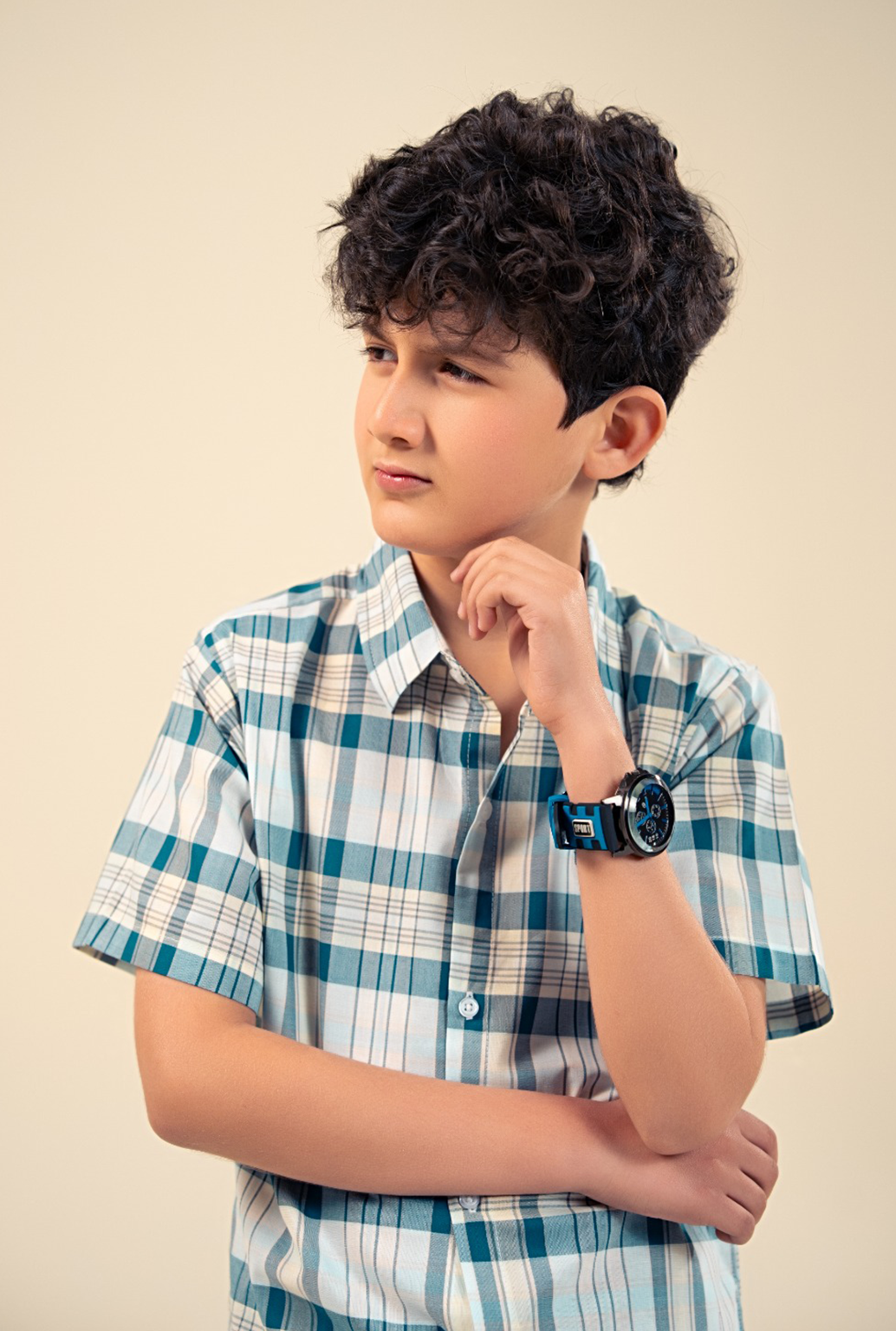 Medium Blue And Skin Check Boys Shirt