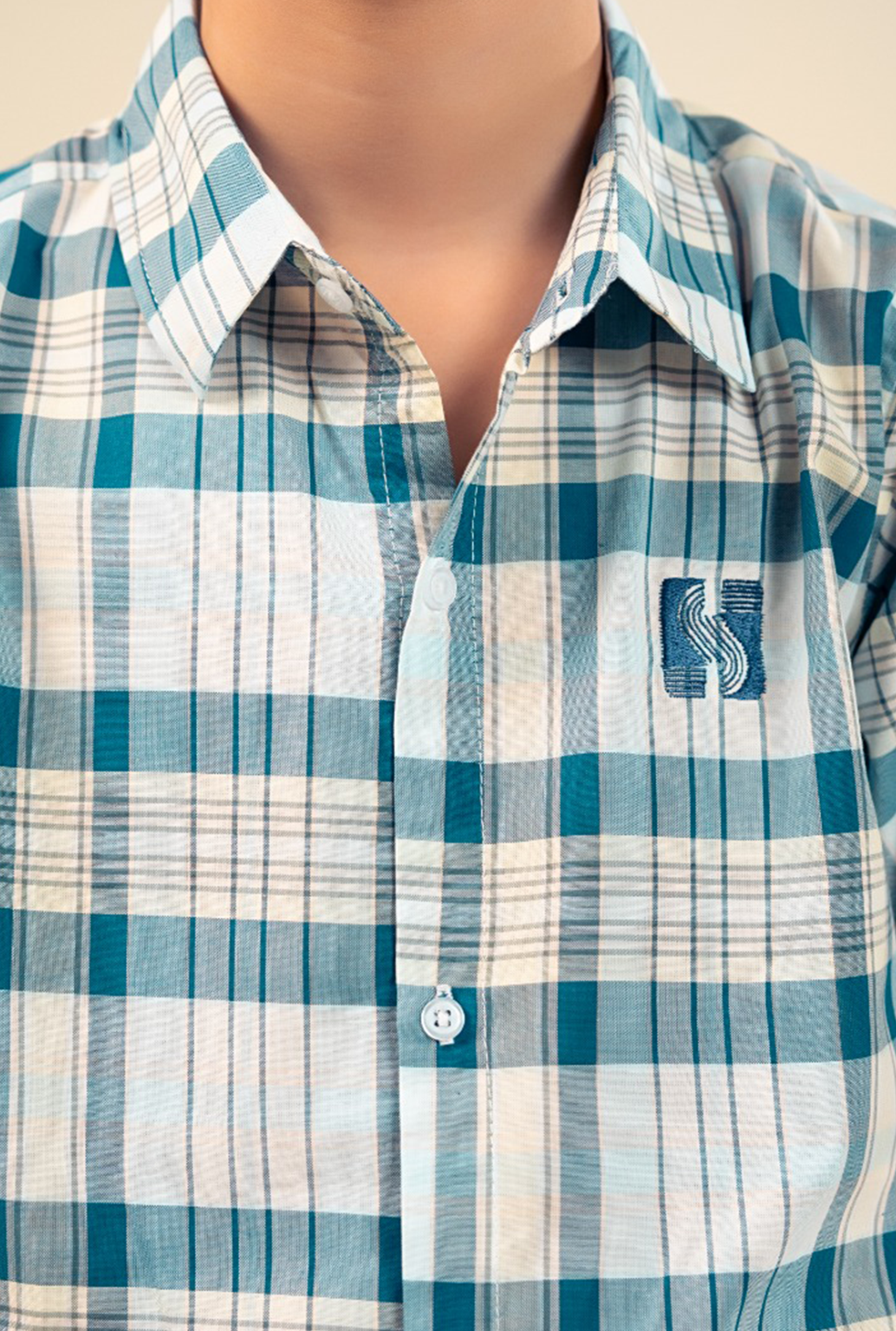 Medium Blue And Skin Check Boys Shirt