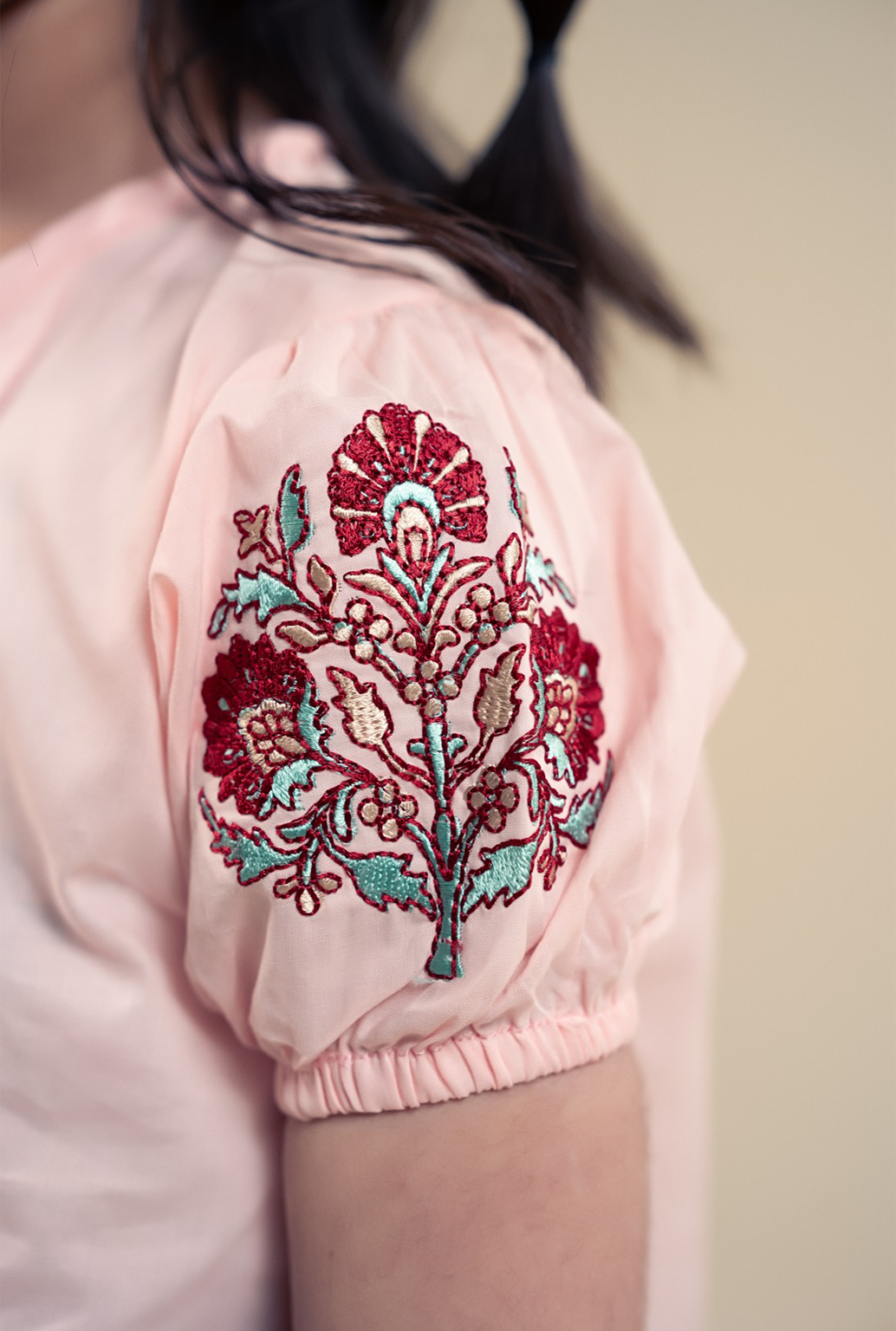 Light Pink Soft Cotton Top With Sleeve Embroidrey