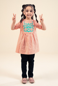 Soft Orange And White Cotton Check With Embroidery Motive