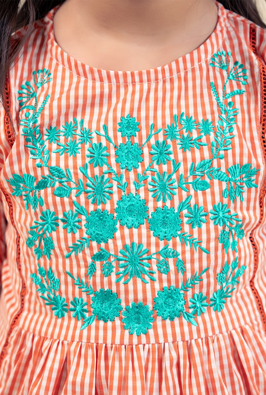 Soft Orange And White Cotton Check With Embroidery Motive