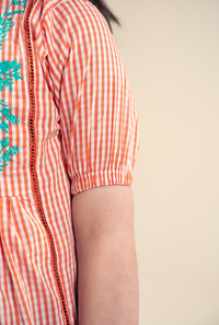 Soft Orange And White Cotton Check With Embroidery Motive