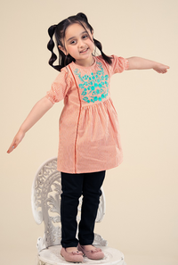 Soft Orange And White Cotton Check With Embroidery Motive