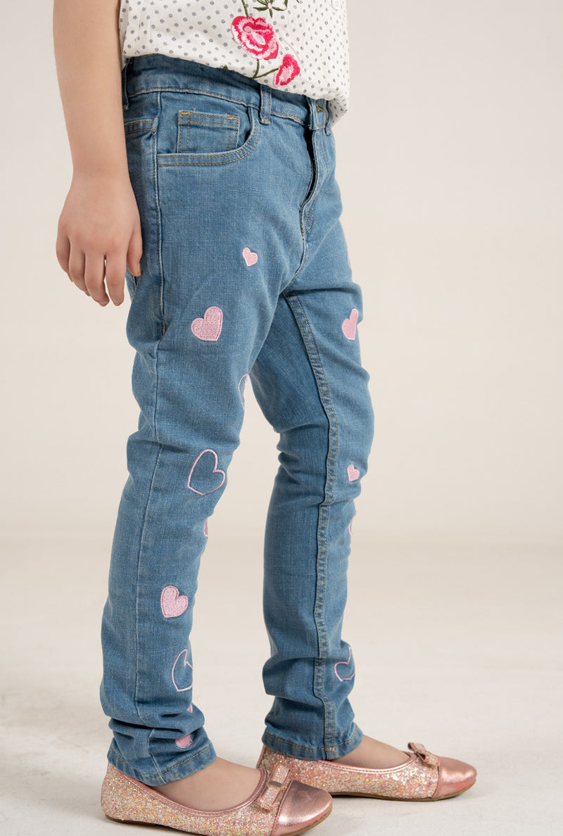Mid Blue Jeans With Pink Embroidrey Heart